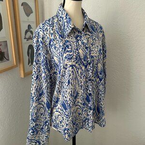 ZARA Satin Blouse White & Blue Women XL